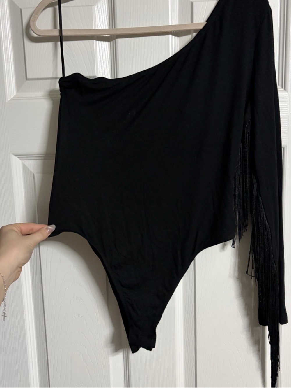 One-Shoulder Black Fringe Bodysuit